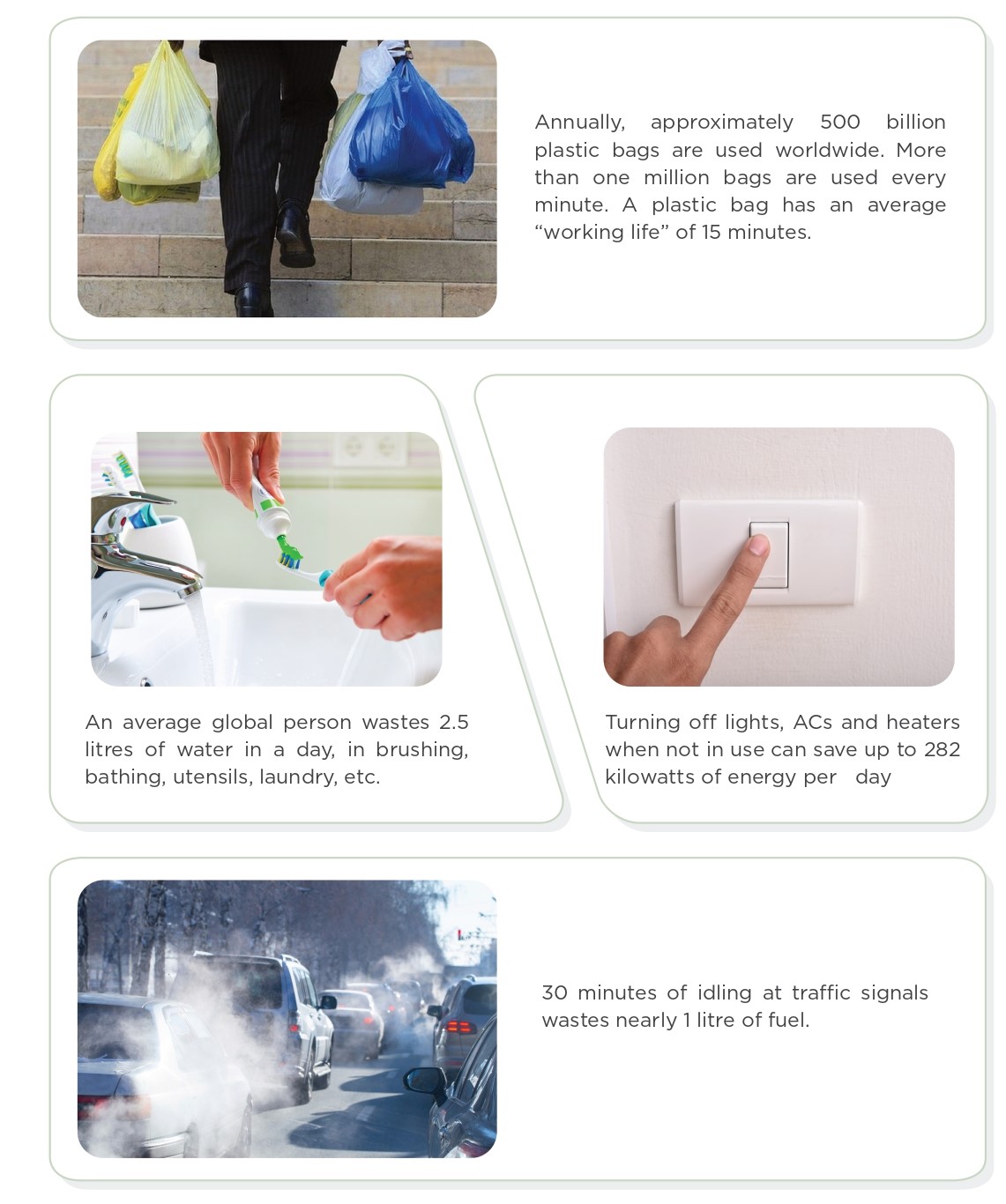Infographic showing simple climate actions: save water, reduce plastic, save energy, avoid vehicle idling.
